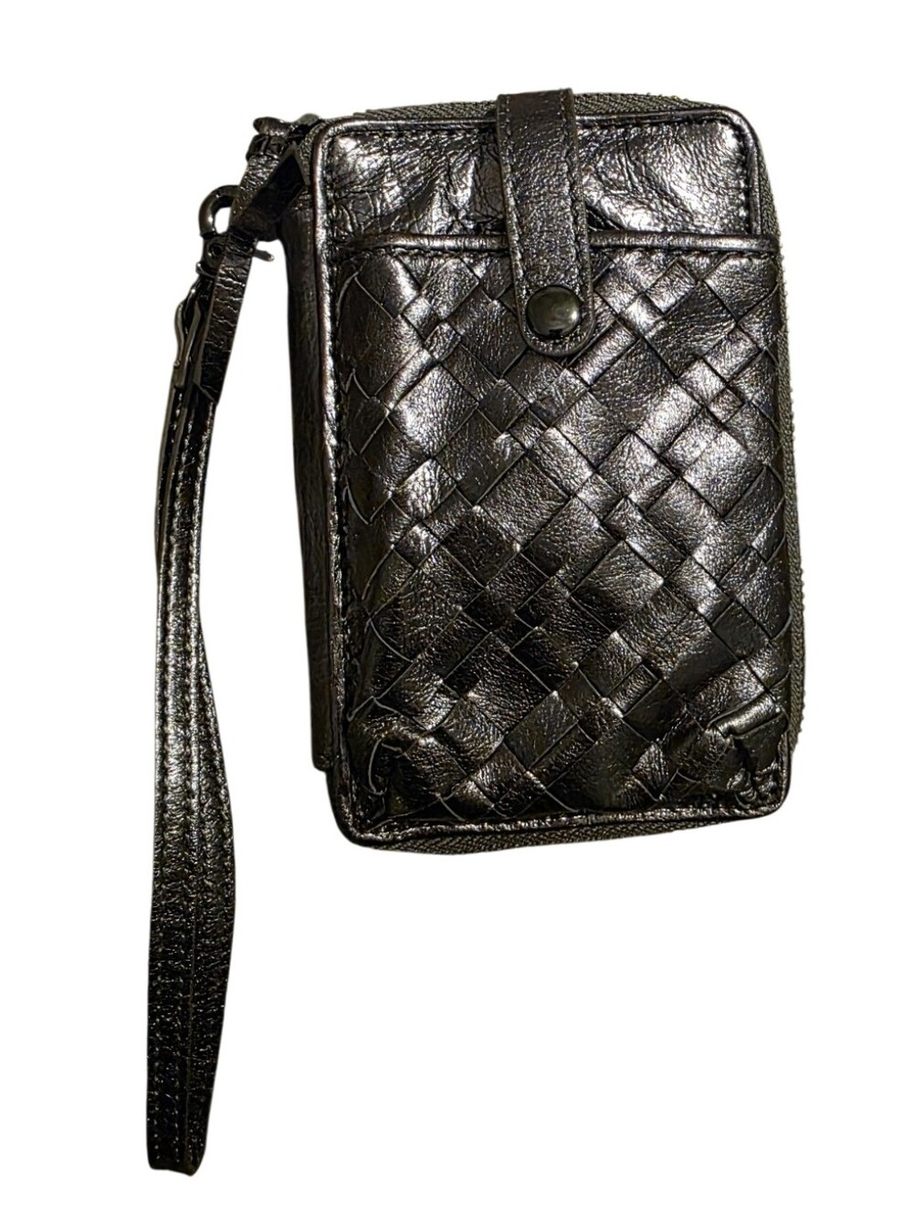 Woven Faux Leather Wristlet Phone Crossbody - Metallic Gray